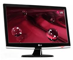 An image of an LG computer screen with a red background.