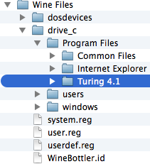 Screenshot of Finder window showing the 'Wine Files' directory and its subdirectories including 'Turing 4.1'