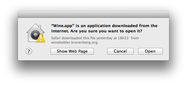 Screenshot of Finder dialogue box warning that 'WineBottler.app' was downloaded from the Internet