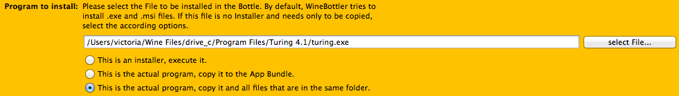 Screenshot of WineBottler 'Program to install' section
