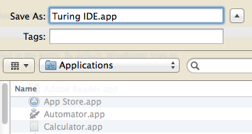 Screenshot of WineBottler 'Save As' dialogue box showing 'Turing IDE.app' as the save-as name