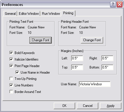 Turing printing preferences dialogue box